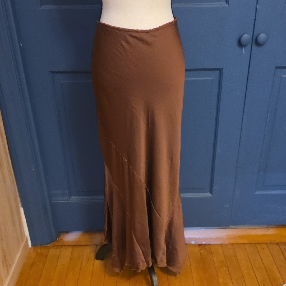 NWOT Free People Brown Satin Bias Cut Mermaid Style Maxi Skirt Sz Small